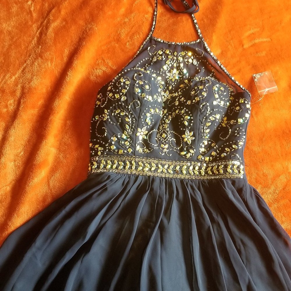 Navy blue beaded halter dress